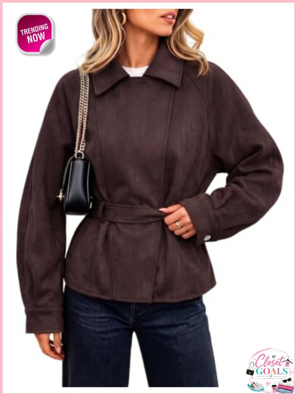 Faux Suede Peacoat Double Breasted Lapel Collar Cropped Trench Coat